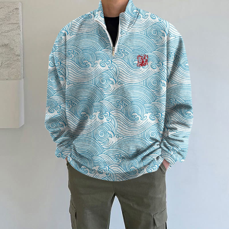 The Silent Dance Of Waves Japanese Art Print Long Sleeve Zipper Sweatshirt - Sky Blue - 5XL - image 1