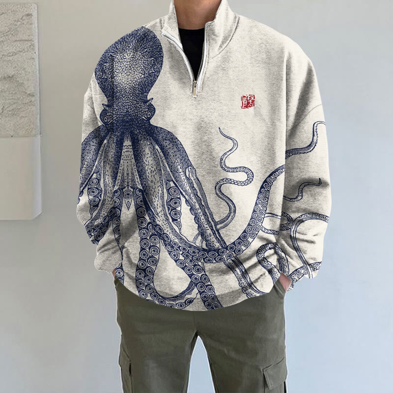 Japanese Art Octopus Print Long Sleeve Zipper Sweatshirt - White - 5XL - image 1