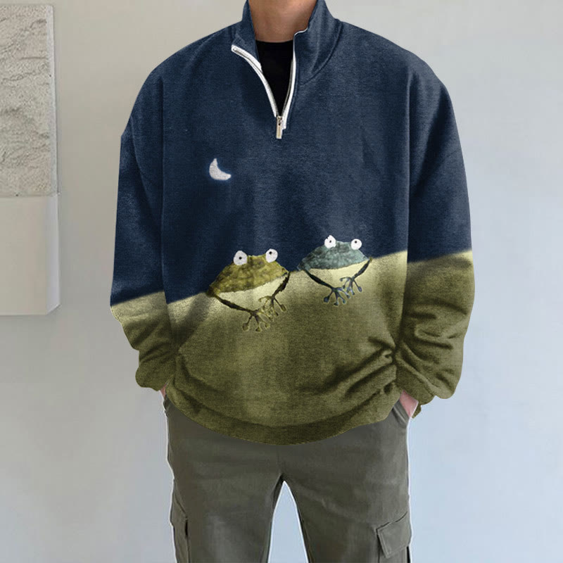 Simple Frog Color Block Print Long Sleeve Zipper Sweatshirt - Blue - 5XL - image 1