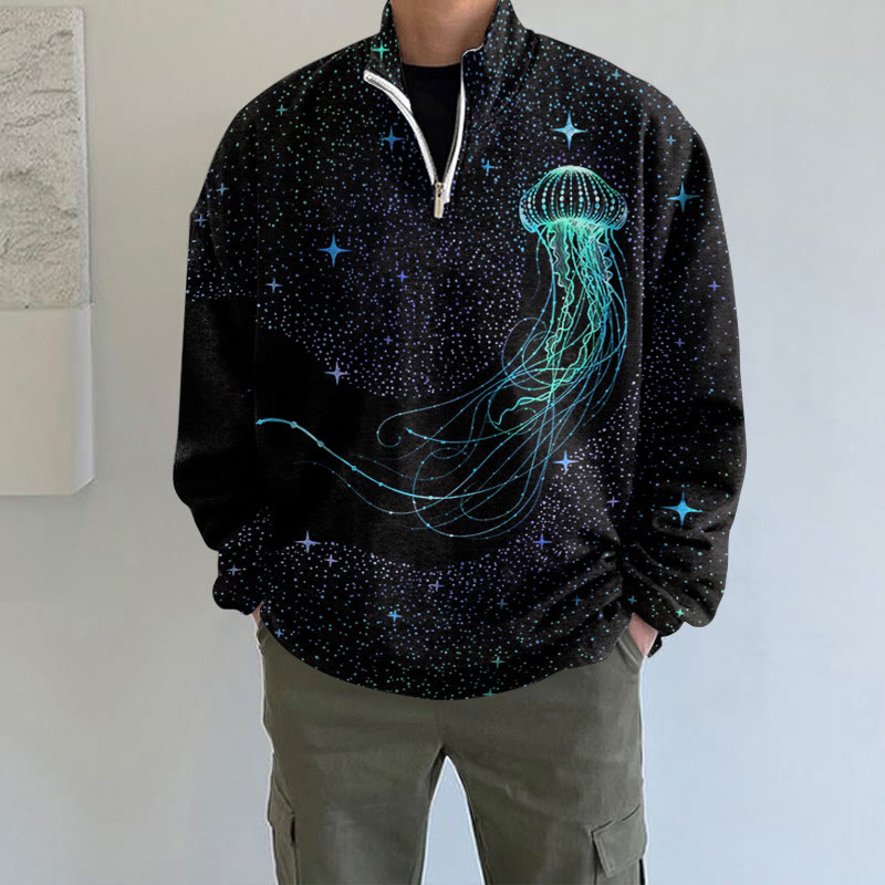 Colorful Starry Sky Jellyfish Print Long Sleeve Zipper Sweatshirt - Black - 5XL - image 1