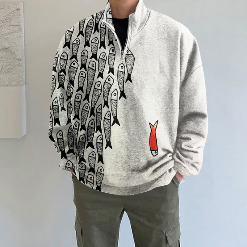 Cute Simple Lines Abstract Geometric Fish Art Print Long Sleeve Zipper Sweatshirt - White - 5XL - image 1