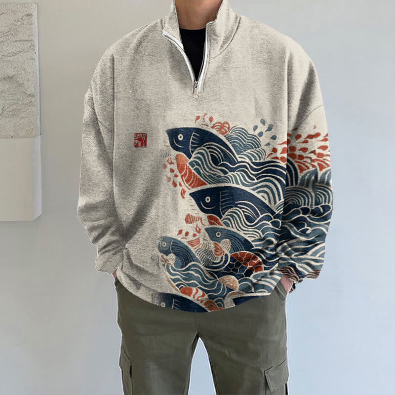 Japanese Art Carp Print Long Sleeve Zipper Sweatshirt - White - 5XL - image 1