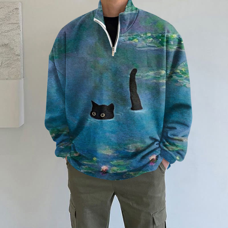 Women's Oil Painting Cat Print Long Sleeve Zipper Sweatshirt - Blue - 5XL - image 1