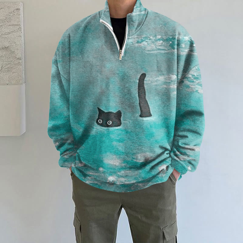 Women's Oil Painting Cat Print Long Sleeve Zipper Sweatshirt - Lake Blue - 5XL - image 2