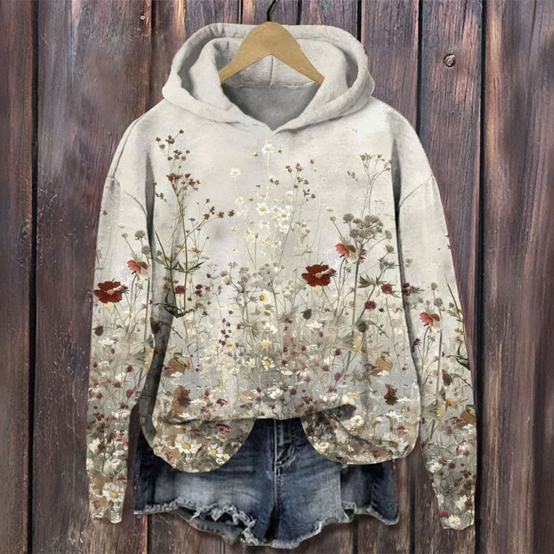 Vintage Wild Floral Art Print Long Sleeve Women's Hoodie - Khaki - 8XL - image 1