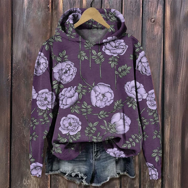 Vintage Rose Art Print Long Sleeve Women's Hoodie - Purple - 8XL - image 1