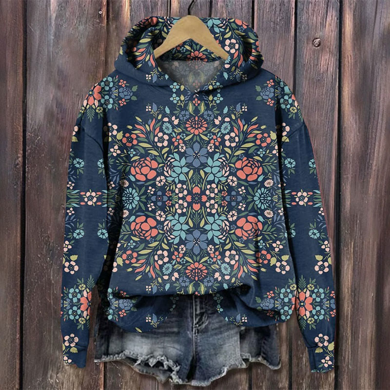 Vintage Floral Art Print Long Sleeve Women's Hoodie - Navy Blue - 8XL - image 1