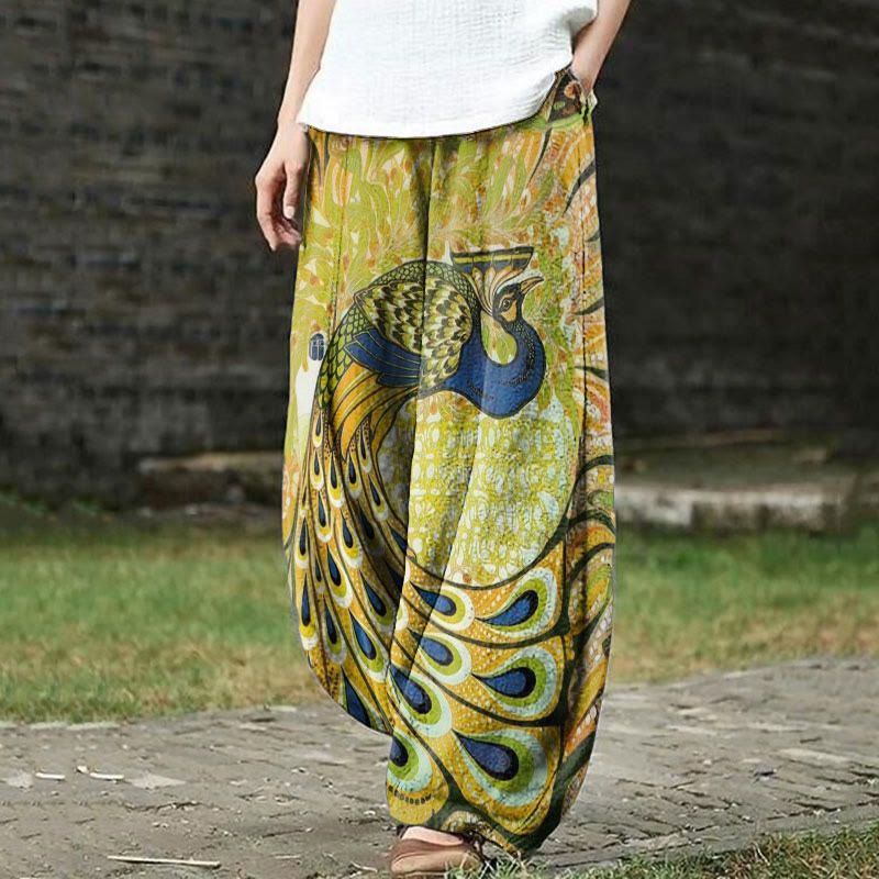 Vintage Peacock Art Print Casual Pants - Green - 5XL - image 1