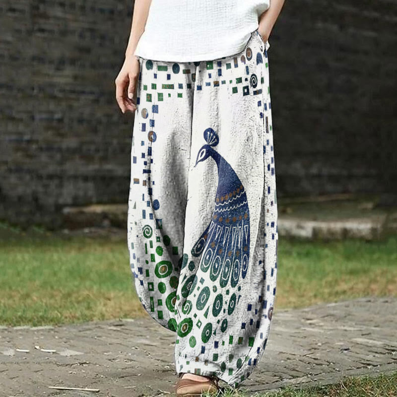Vintage Ethnic Geometric Peacock Art Print Casual Pants - White - 5XL - image 1
