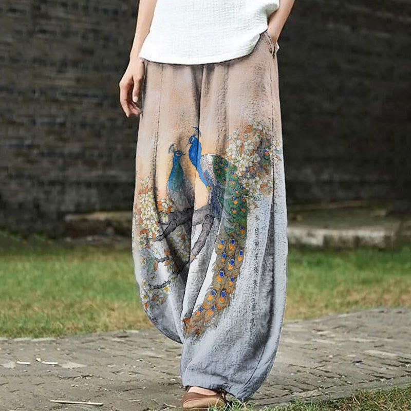 Retro Japanese Peacock Colorblock Art Print Casual Pants - Multicolor - 5XL - image 1