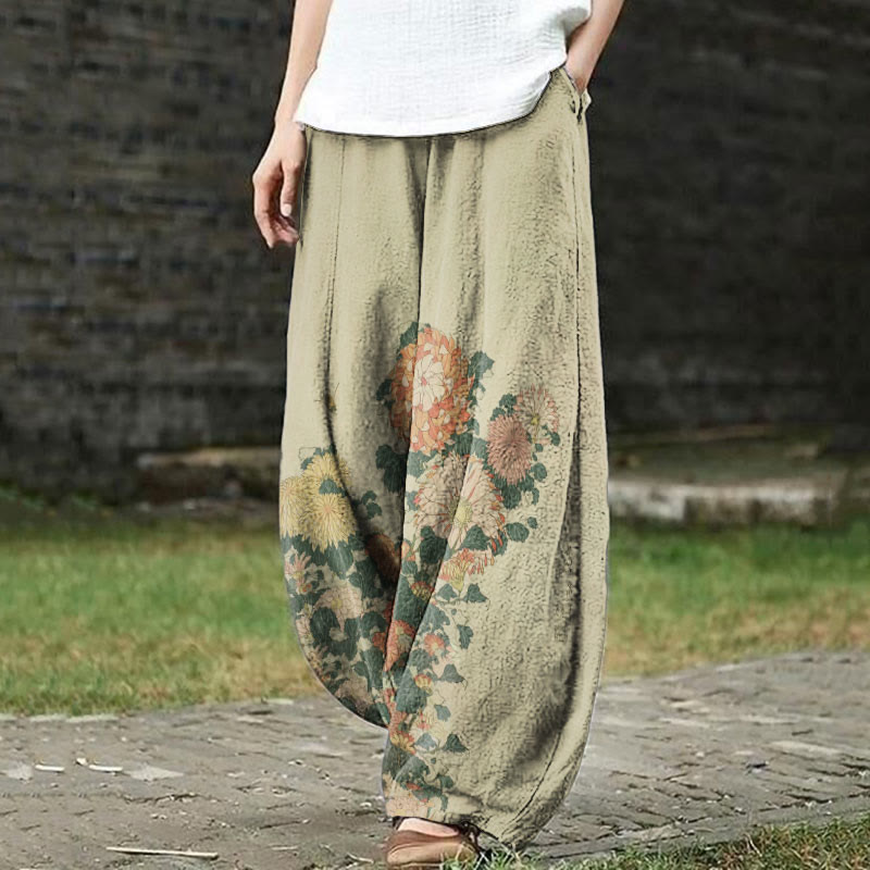 Retro Japanese Chrysanthemums And Bee Art Print Casual Pants - Apricot - 5XL - image 1