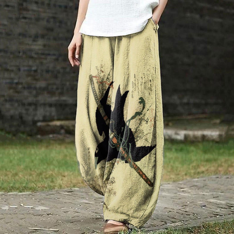Vintage Japanese The Little Raven With The Minamoto Clan Sword Print Casual Pants - Green - 5XL - image 1