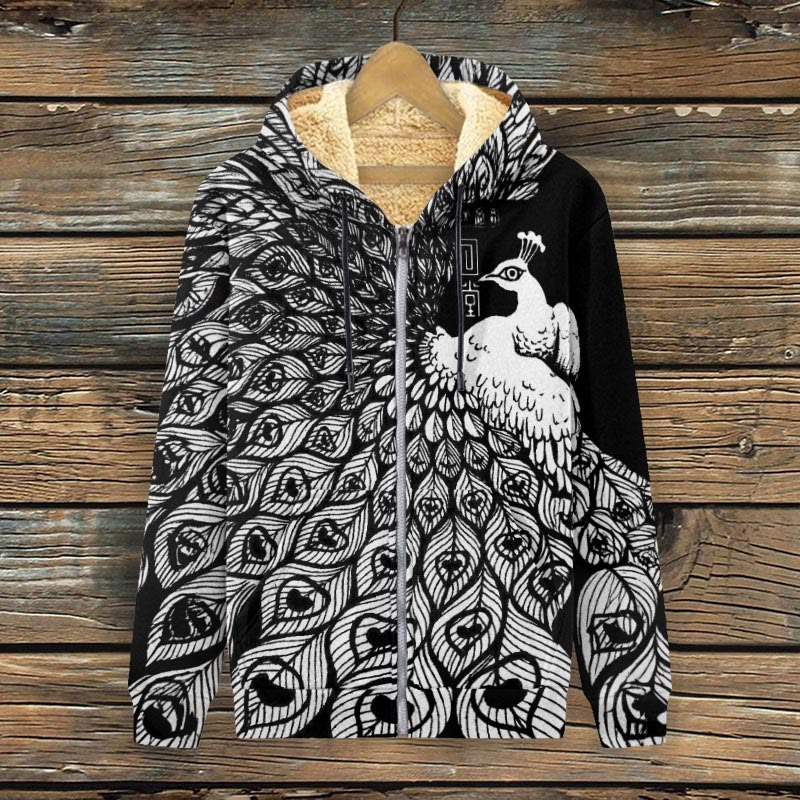 Simple Geometric Lines Peacock Art Print Fleece Jacket - Black - 4XL - image 1