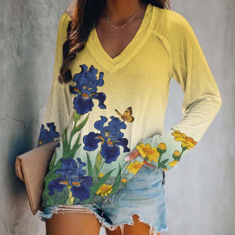 Japanese Watercolor Sunflower Art Print Long Sleeve T-shirt - Yellow - 5XL - image 4