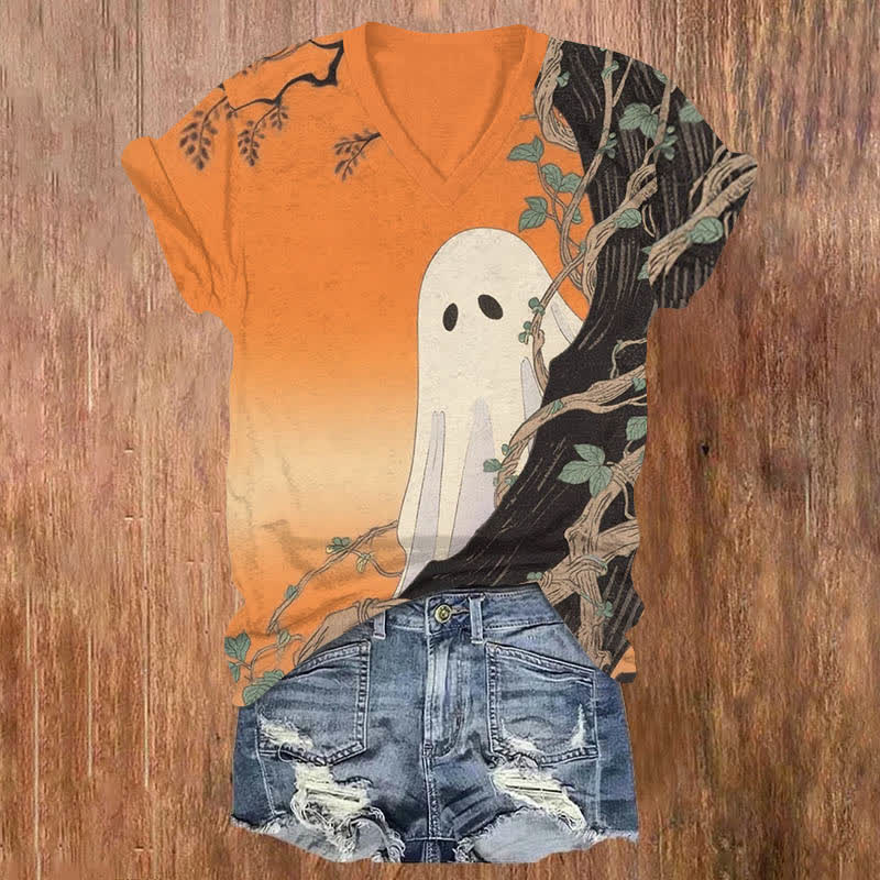 Halloween Funny Ghost Hiding Behind The Tree Print V-neck T-shirt - Orange - US32-34(5XL) - image 2