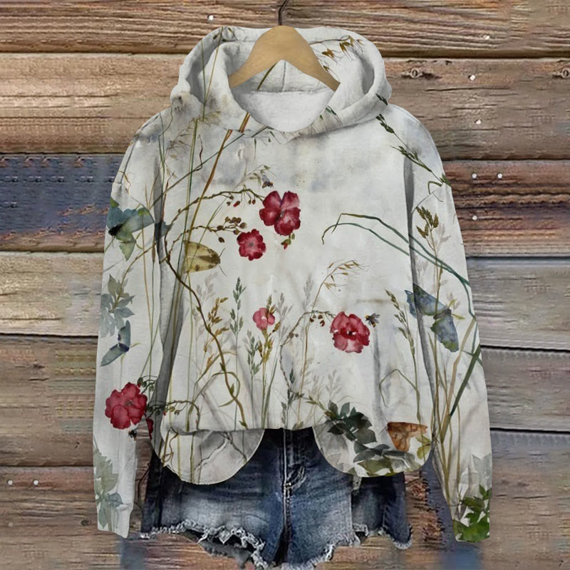 Vintage Wildflower Art Print Long Sleeve Women's Hoodie - Light Gray - 8XL - image 1