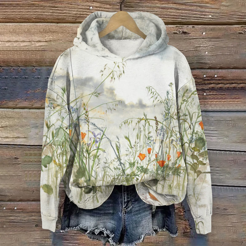 Vintage Wild Flowers Watercolor Art Print Long Sleeve Women's Hoodie - Green - 8XL - image 1