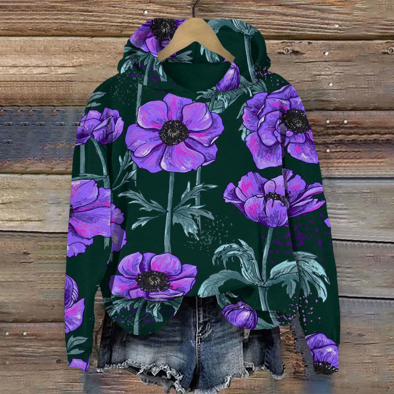 Vintage Anemone Flower Art Print Long Sleeve Women's Hoodie - Purple - 8XL - image 1
