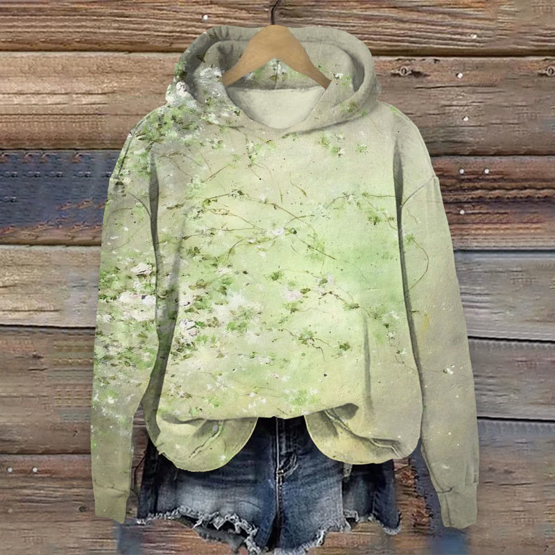 Vintage Floral Acrylic Painting Art Print Long Sleeve Women's Hoodie - Light Green - 8XL - image 1