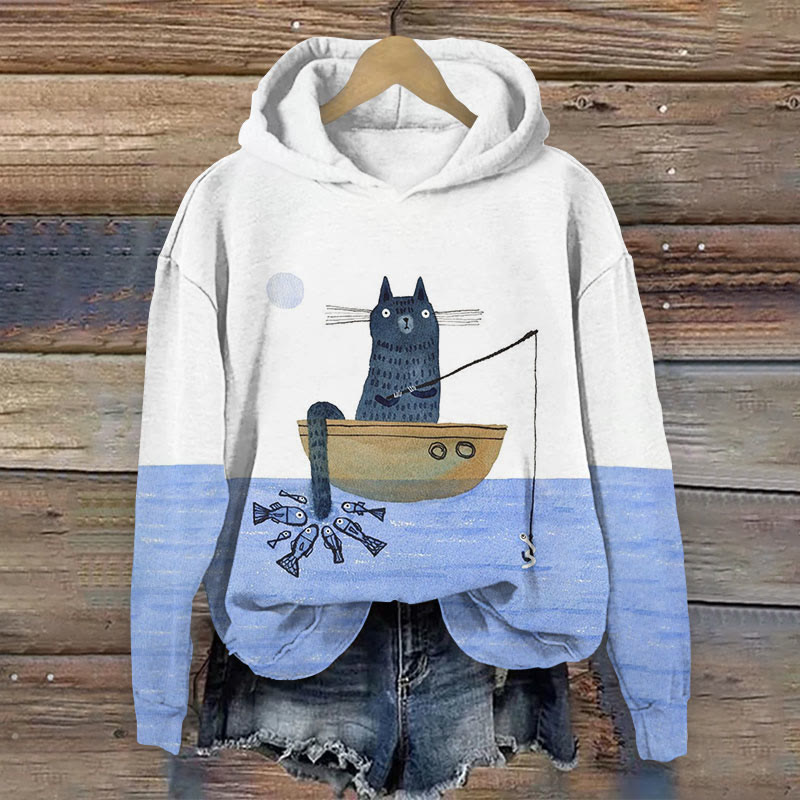 Funny Creative Cat Tail Fishing Print Long Sleeve Women's Hoodie - Blue - 8XL - image 1