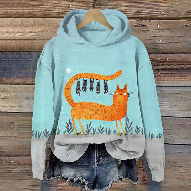 Funny Cat And Bat Cartoon Print Long Sleeve Women's Hoodie - Lake Blue - 8XL - image 1