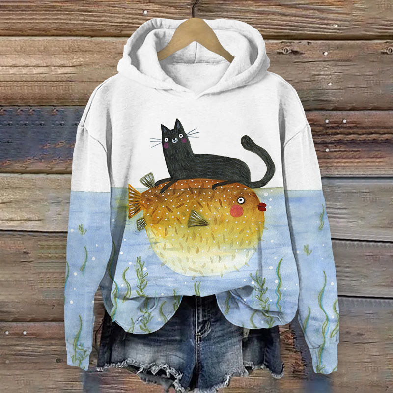 Cute Cat Riding On Fish Print Long Sleeve Women's Hoodie - Multicolor - 8XL - image 1