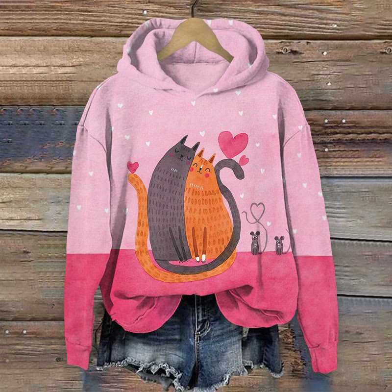 Cute Cat Lover Color Block Print Long Sleeve Women's Hoodie - Pink - 8XL - image 1