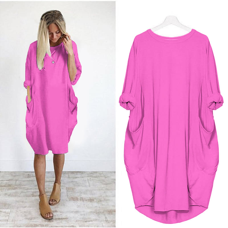 Women's Solid Color Loose Elegant Casual Long-sleeved Pocket Dress - Pink - 8XL - image 3