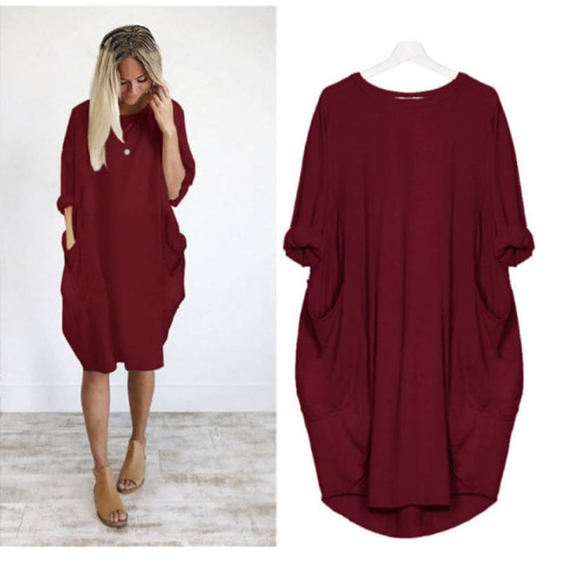 Women's Solid Color Loose Elegant Casual Long-sleeved Pocket Dress - Red - 8XL - image 1
