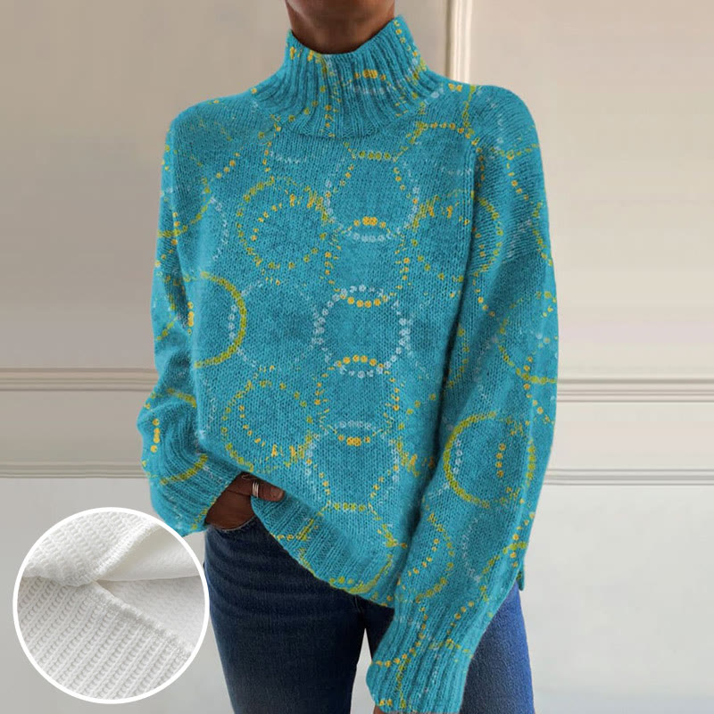 Bright Circle Art Print Turtleneck Pullover Sweater - Lake Blue - 4XL - image 1