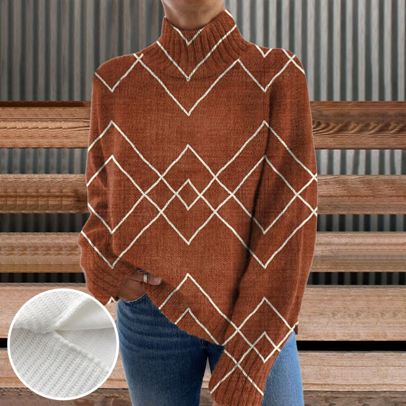 Brown Vintage Aztecs Print Turtleneck Pullover Sweater - Caramel - 4XL - image 1