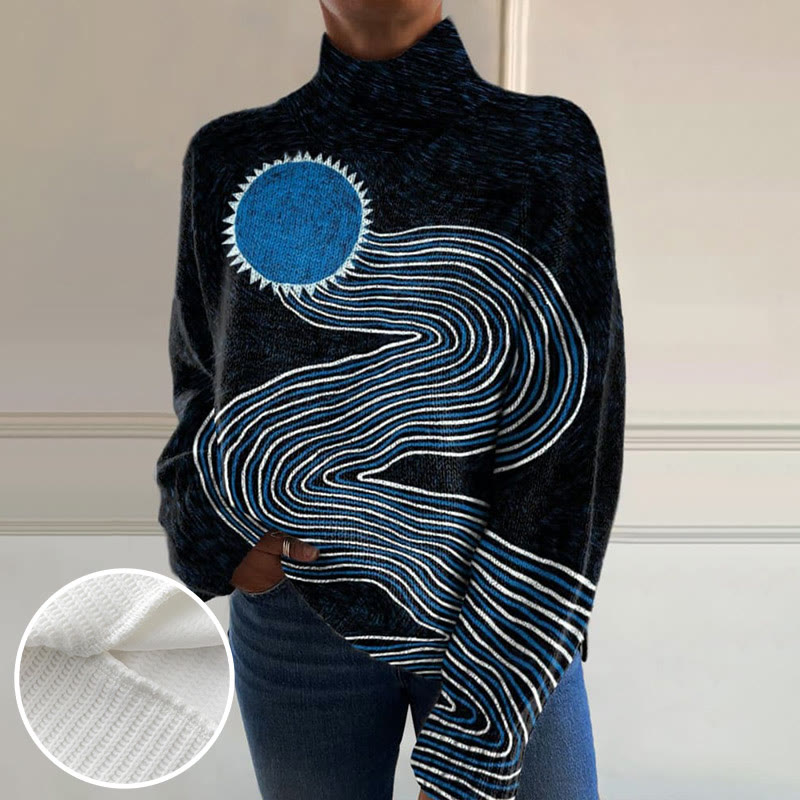 Retro Sun Stripes Art Print Knit Turtleneck Pullover Sweater - Black - 4XL - image 1