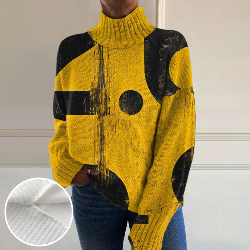 Vintage Distressed Geometric Pattern Art Print Knit Turtleneck Pullover Sweater - Yellow - 4XL - image 1