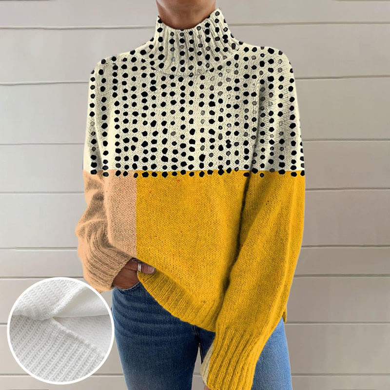 Yellow Color-blocked Dots Print Knit Turtleneck Pullover Sweater - Multicolor - 4XL - image 1