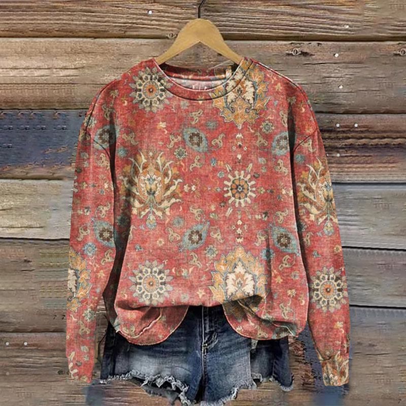 Women's Retro Ethnic Pattern Print Casual Sweatshirt - Red - 5XL - image 1