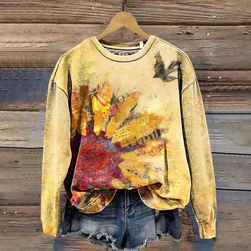 Vintage Floral Art Print Casual Crewneck Sweatshirt - Yellow - 5XL - image 1