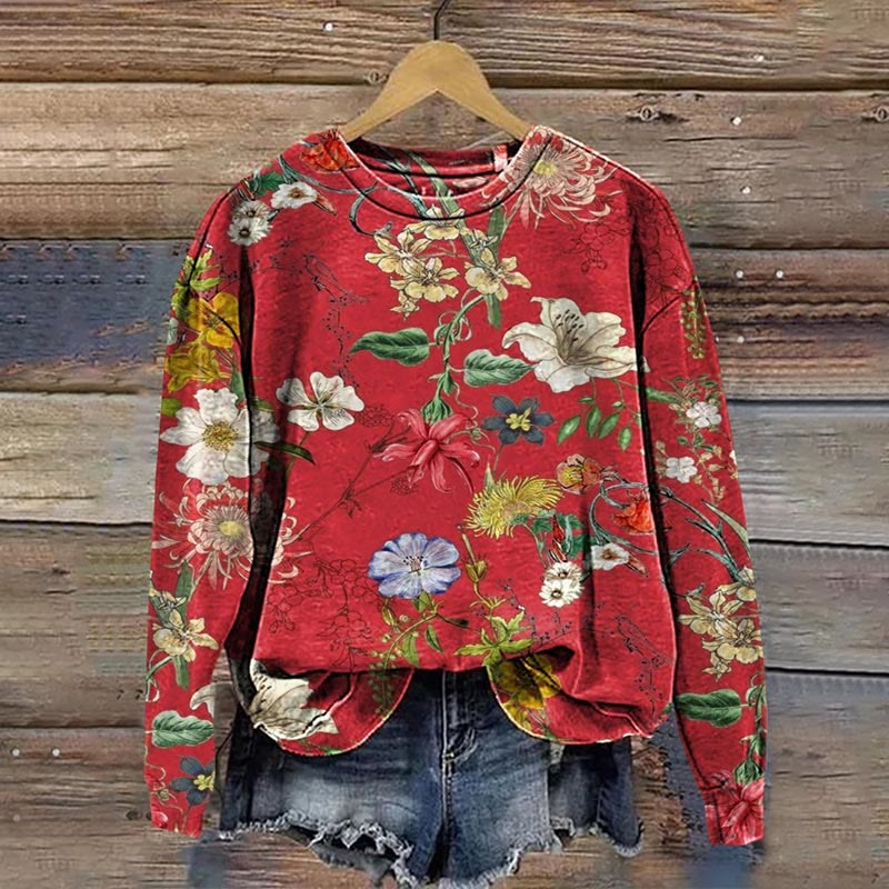 Vintage Floral Print Casual Crewneck Sweatshirt - Red - 5XL - image 1