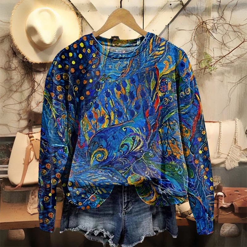 Women's Watercolor Floral Art Print Casual Crewneck Sweatshirt - Blue - 5XL - image 1