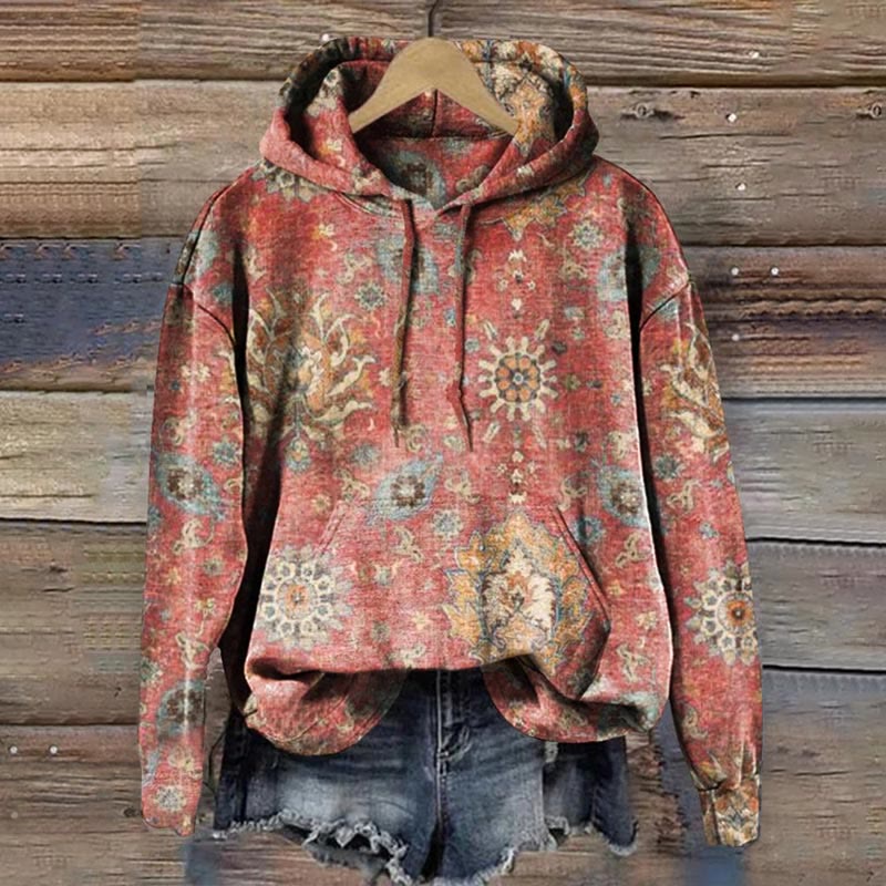 Women's Retro Ethnic Pattern Print Long Sleeve Hoodie - Red - 8XL - image 1