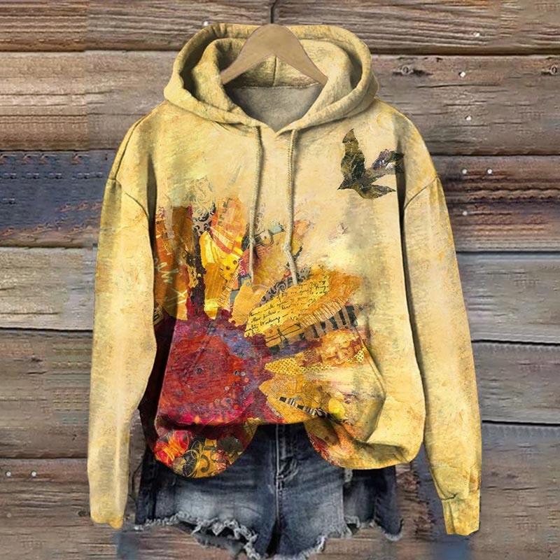 Vintage Floral Art Print Long Sleeve Hoodie - Yellow - 8XL - image 1