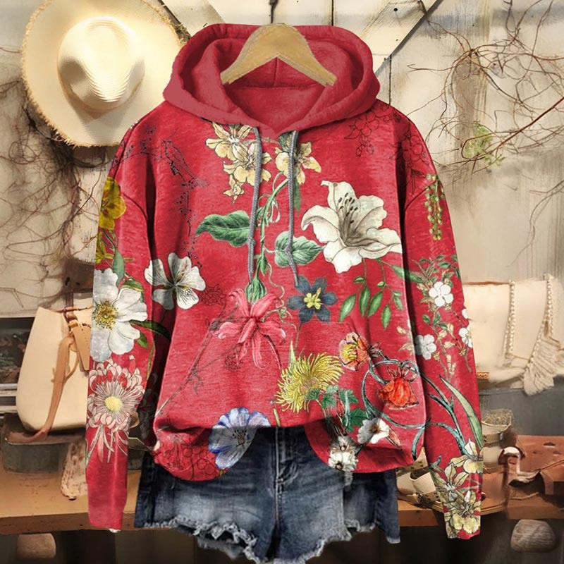 Vintage Floral Print Casual Long Sleeve Hoodie - Red - 8XL - image 1