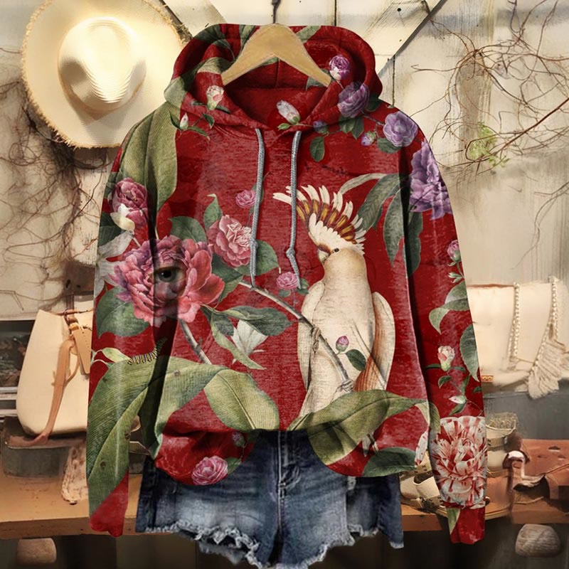 Retro Flower And Bird Print Casual Long Sleeve Hoodie - Red - 8XL - image 1