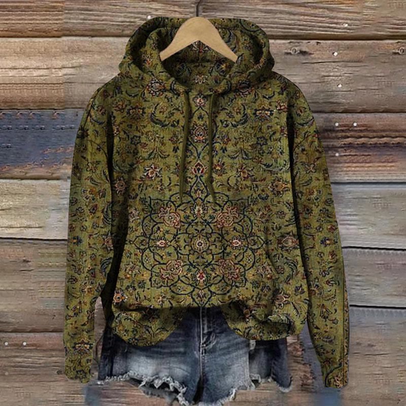 Women's Ethnic Art Print Casual Long Sleeve Hoodie - Green - 8XL - image 1