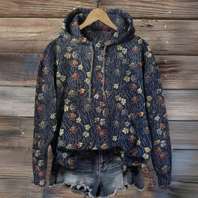 Women's Floral Art Pattern Print Long Sleeve Hoodie - Navy Blue - 8XL - image 1