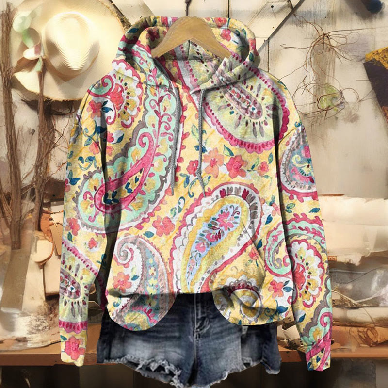 Vintage Paisley Floral Print Long Sleeve Hoodie - Pink - 8XL - image 1