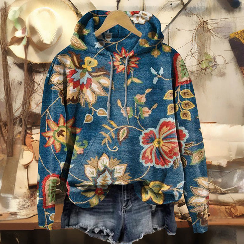 Women's Retro Flower Print Long Sleeve Hoodie - Blue - 8XL - image 1