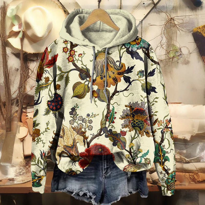 Retro Flower Print Long Sleeve Women's Hoodie - Beige - 8XL - image 1