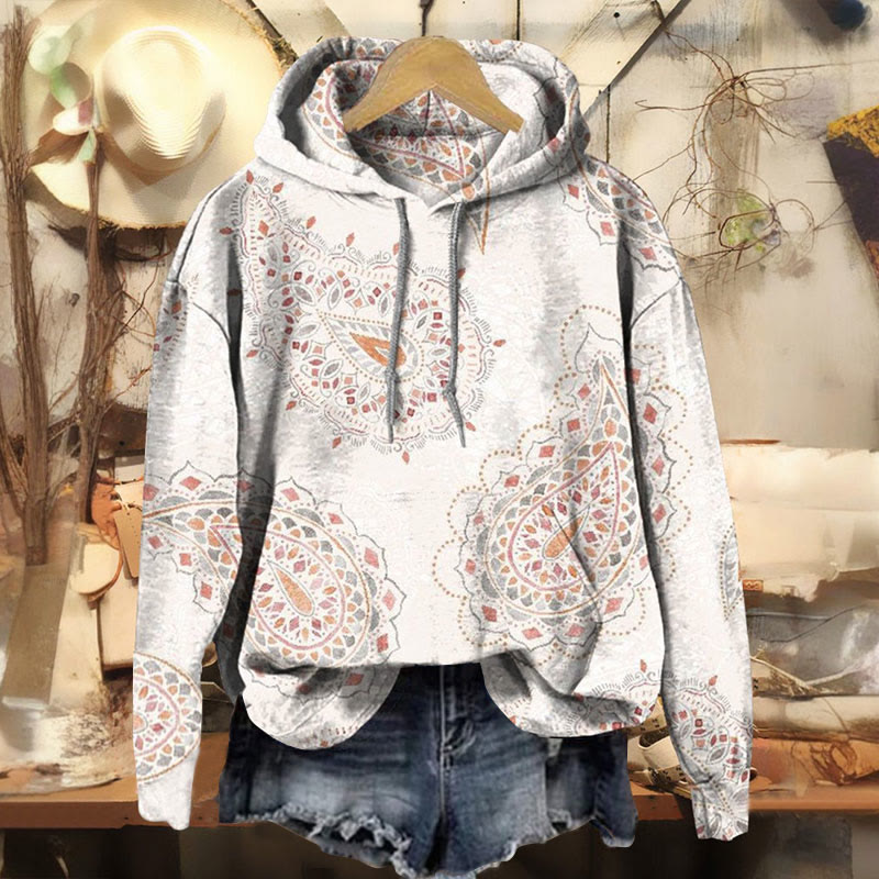 Vintage Paisley Floral Print Long Sleeve Women's Hoodie - White - 8XL - image 1