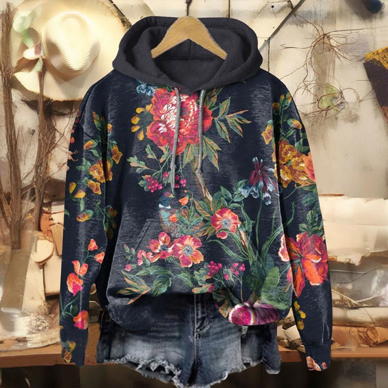 Retro Gorgeous Flower Print Long Sleeve Women's Hoodie - Black - 8XL - image 1
