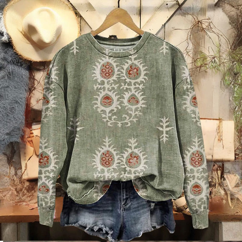 Women's Ethnic Style Print Casual Crewneck Sweatshirt - Light Green - 5XL - image 1